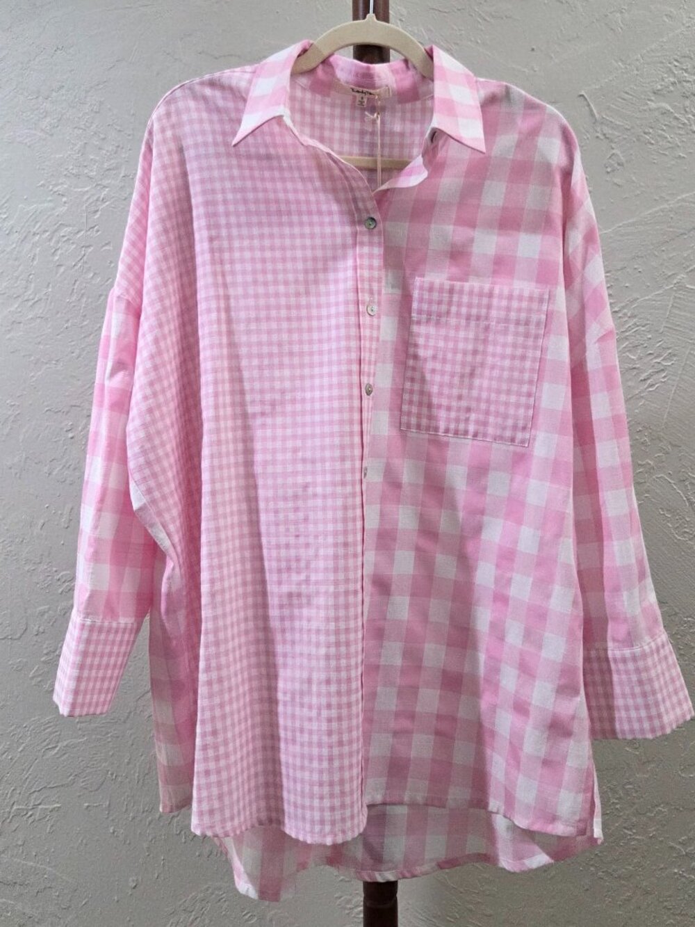 Oversized Pink And White Gingham Button Down‎ Shirt
